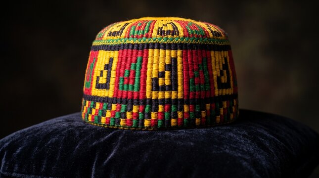 Traditional Acehnese Kupiah Meukeutop hat with vibrant geometric patterns on a velvet cushio