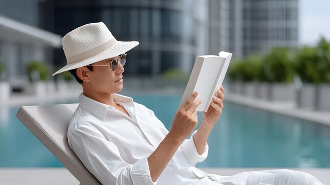 Man wearing a straw hat reading a book while relaxing on a sun lounger by the pool with poolside relaxation summer vacation holiday leisure vacation time relaxing lifestyle pool side summer rest