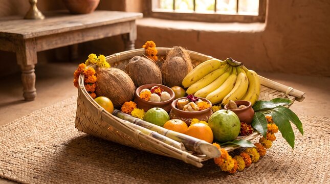 Traditional Chhath Puja offering basket filled with fresh tropical fruits and holy coconuts arranged on rustic matting