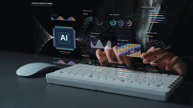 AI specialist works at a keyboard. Forecasts, correlations and workload measurements provide complementary views of an AI system, linking analytical interpretation with computing activity.