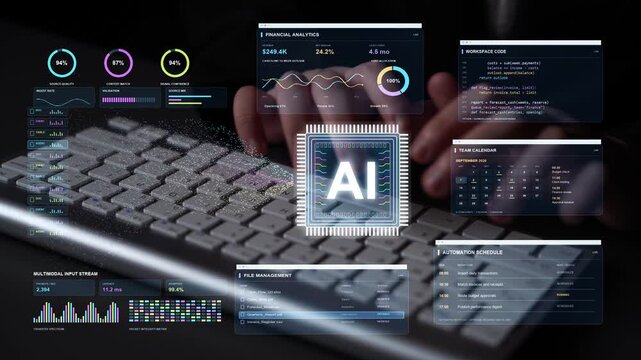 AI specialist works at a keyboard. An AI operations hub combines data interpretation with financial work, bringing transaction processing, reporting and team activity into a connected workflow.