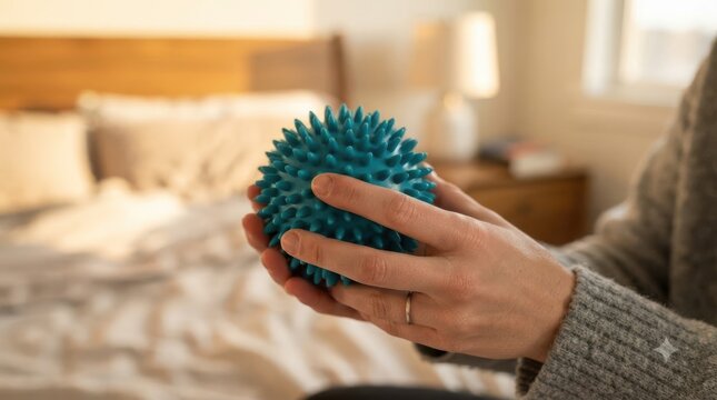 Woman holding blue spiky massage ball for trigger point therapy and stress relief in a cozy bedroom