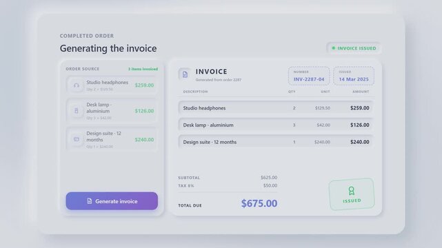 Generating invoice for completed order showing order details and invoice calculation for business