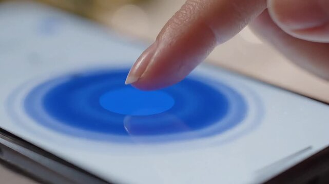Finger pressing a digital blue button on a smartphone screen interface