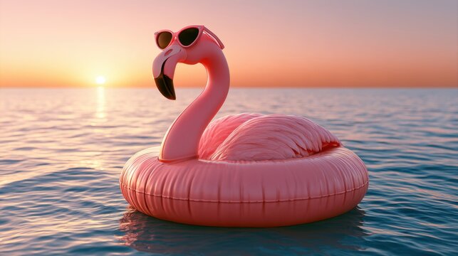 Pink inflatable flamingo float wearing stylish sunglasses floating on calm ocean water during colorful sunset sky