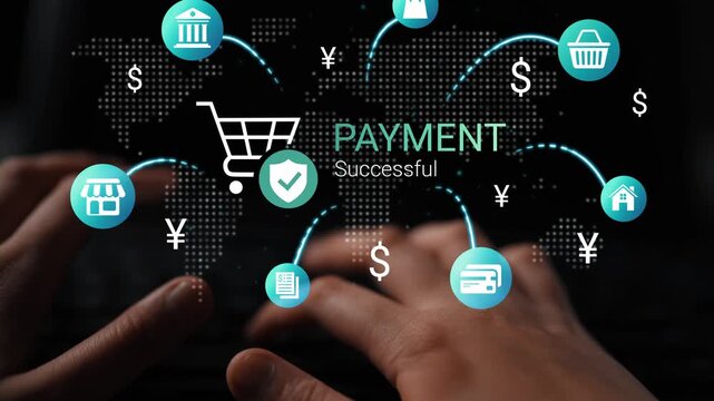 User completes online payment, illustrating digital transaction success with money symbols and shopping cart amid world map background, emphasizing e-commerce growth Gluon.