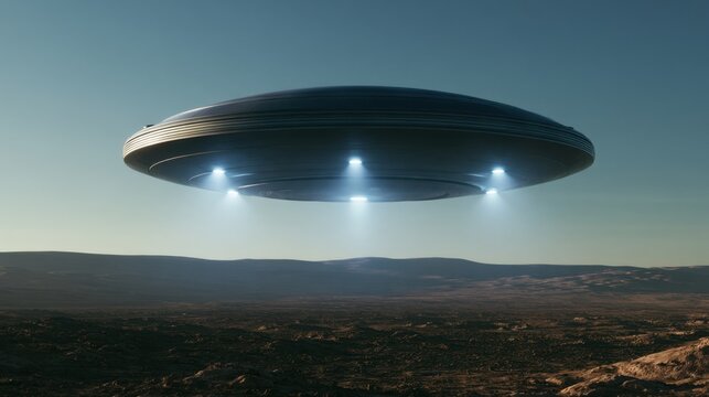 Large futuristic metallic unidentified flying object hovering low over arid rocky landscape under clear sky during dusk
