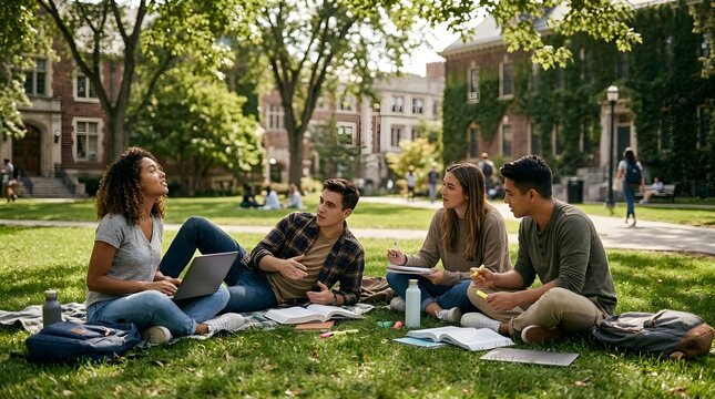 Group of young university students sitting on the lawn outside on campus grounds, enjoying sunny weather, talking, and working on assignments with books and laptops. 