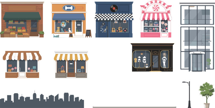Charming boutique storefront vector set featuring diverse village shops city buildings bakery pet store and urban street elements bundle
