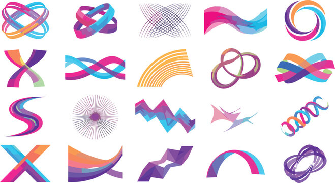 Abstract colorful geometric ribbon vector set with dynamic wave shapes gradient loop logos and fluid design elements isolated on white