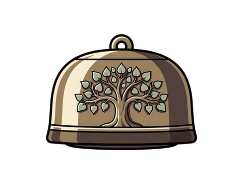 Bronze meditation bell with engraved bodhi tree illustration on white