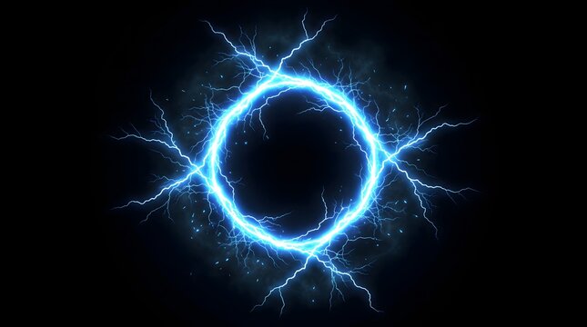 Glowing blue electric lightning portal circle on black background