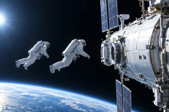 Astronauts approaching space station module in orbit, space exploration concept