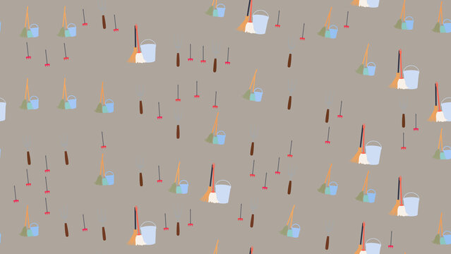 Cleaning tools pattern with brooms, mops, buckets, and rakes