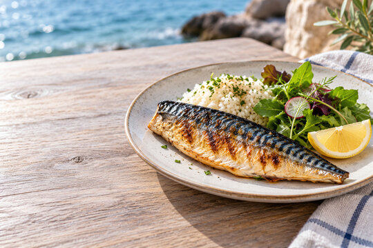 Grilled saba mackerel fillet served with rice and lemon