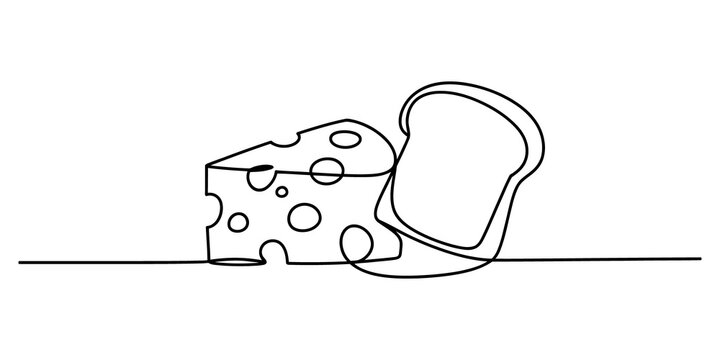 Continuous line drawing of a slice of cheese and a piece of bread