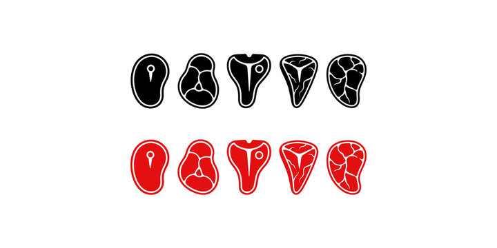 Black and red steak meat cut icons highlighting premium raw protein selection for restaurant menu food branding.