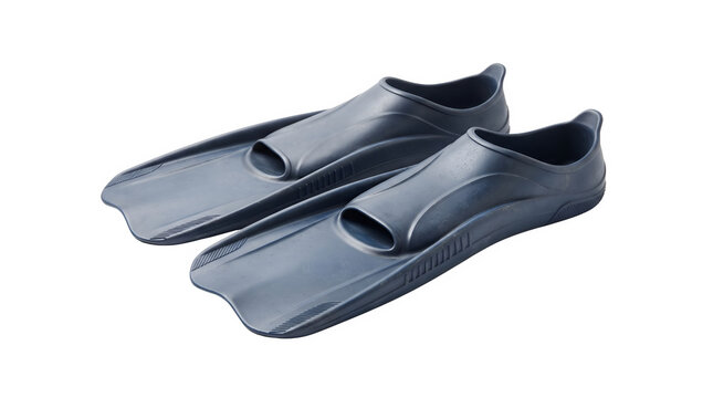 Professional dark blue swimming fins for snorkeling, pair of rubber flippers for aquatic sports, diving gear isolated on white background