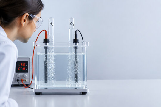 Laboratory water electrolysis setup with hydrogen bubbles and scientist, clean energy research concept