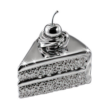 PNG Shiny metallic cake slice with cherry on top.
