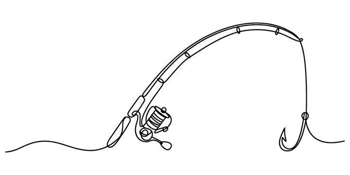Continuous single line drawing of a fishing rod with a hook