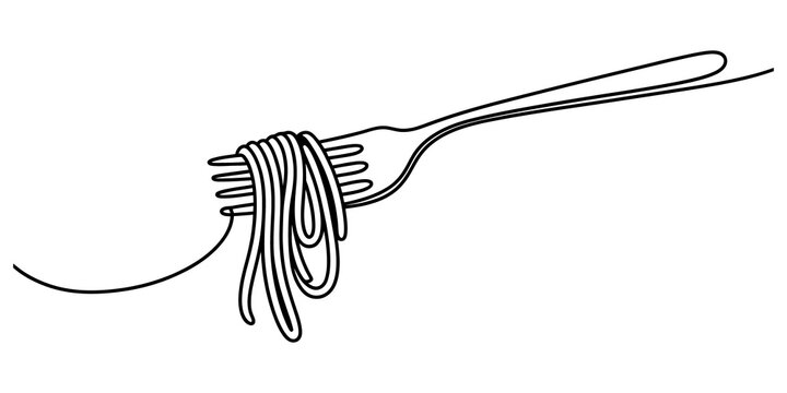 Continuous line drawing of spaghetti pasta on a metal dinner fork