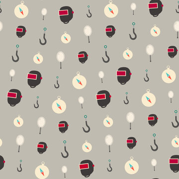 Seamless pattern of welding masks, fishing hooks, compasses