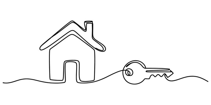 Continuous line drawing of a simple house and a metal key