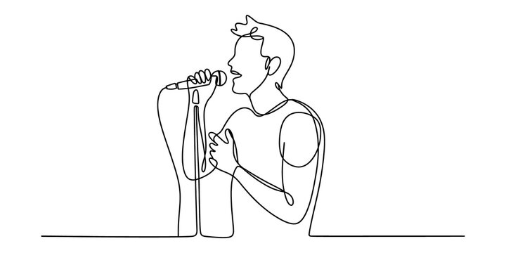 Continuous single line drawing of a man singing into a microphone