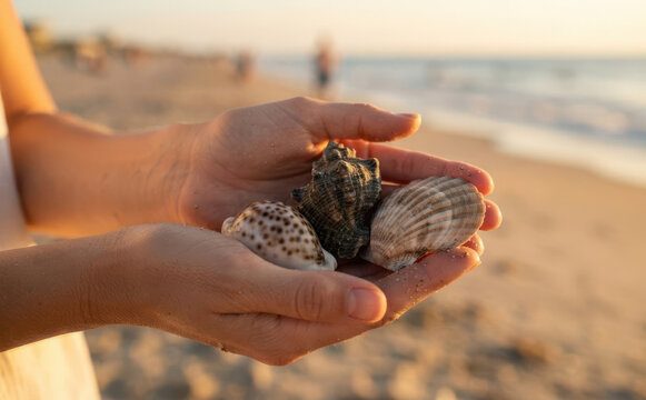 Young woman holding seashells in her hands on a sunny beach at sunset, vacation concept