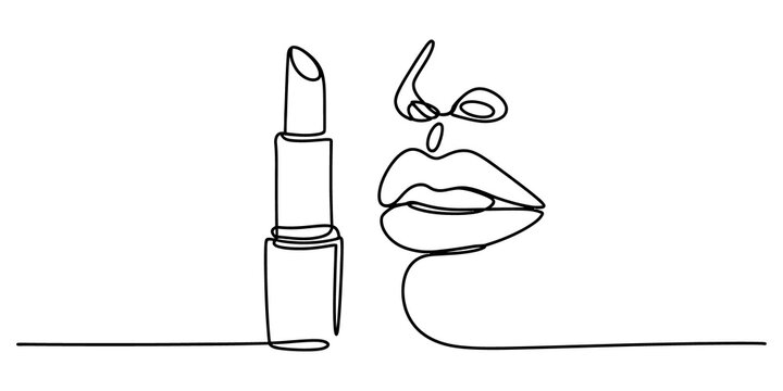 Continuous line drawing of a lipstick and beautiful woman lips