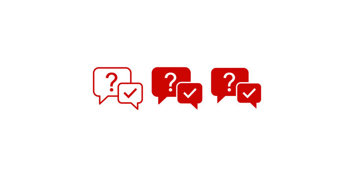 Red question mark and check mark speech bubble icons set for customer support feedback and troubleshooting assistance.