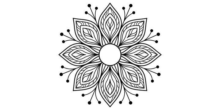 Black and white floral mandala pattern vector illustration for adult coloring book pages and intricate wall decoration.