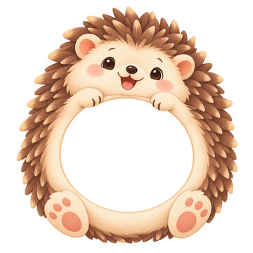 Cute hedgehog round photo frame hand drawn illustration on white background