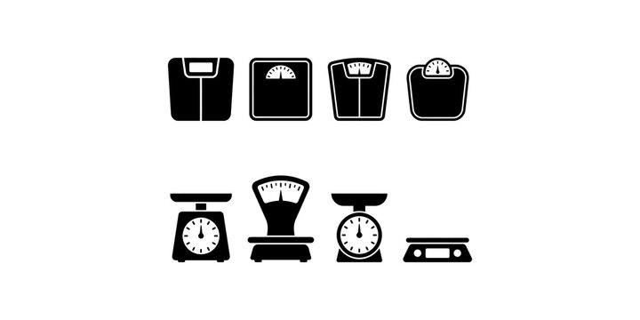 Weight scale icon collection for health monitoring fitness tracking and industrial measurement utility equipment.