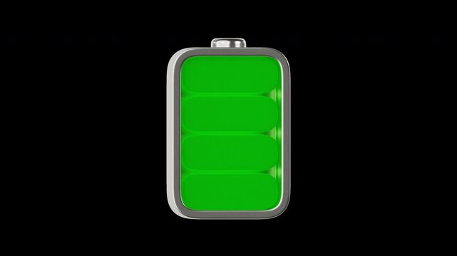 Vertical 3D green battery icon filling up with glowing power bars.  Looping 3D animation on transparent background, representing green energy, full power status, and fast charging.