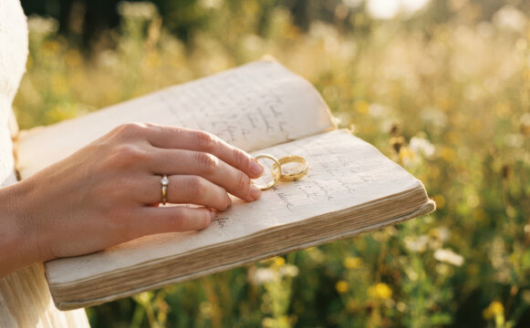 Woman holding an old manuscript book with golden wedding rings outdoors in a sunlit nature field