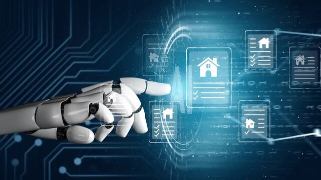 Futuristic robotic hand interacting with digital assets featuring house icons and data lists within a high-tech circuit board environment Gluon.