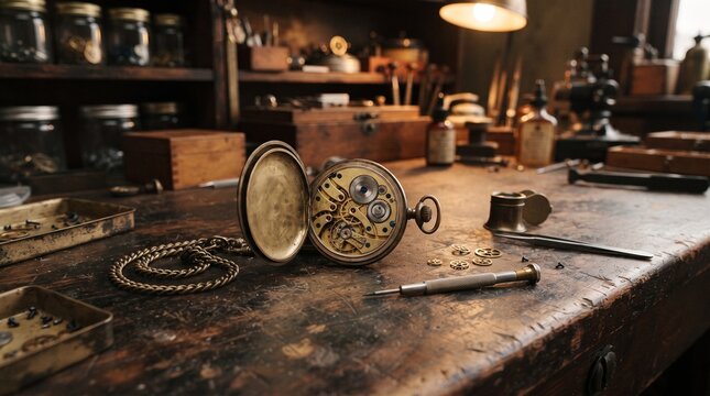 Antique pocket watch beside vintage watchmaking tools, exposed mechanical movement, brass chain and miniature gears create an authentic horology workshop scene.