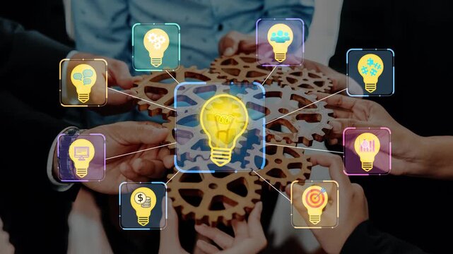 Collaborative Innovation Concept with Diverse Hands Holding Gears and Light Bulb Icons Representing Ideas and Strategies for Business Development and Teamwork. Entropy.