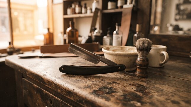 Vintage straight razor with polished steel blade and ebony handle on a distressed walnut table, surrounded by classic shaving accessories in warm sepia light.