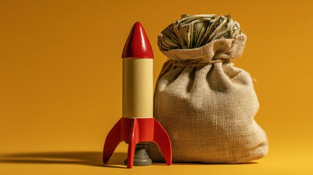 Small wooden model rocket standing next to burlap sack filled with paper currency on yellow background