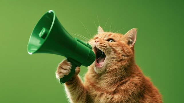 Orange tabby cat holding green megaphone yelling loudly in front of bright green background expressing announcement or communication concept