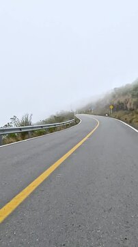 Winding Mountain Highway through Misty Highlands Seen from a Moving Car. Vehicle POV. Vertical Video.