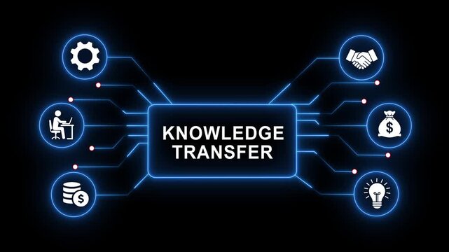 Digital knowledge transfer concept featuring glowing neon infographic representing corporate training, skill development, business strategy, financial growth, and innovative idea sharing
