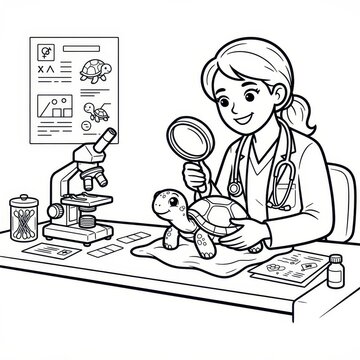 Veterinarian examining cute turtle coloring page