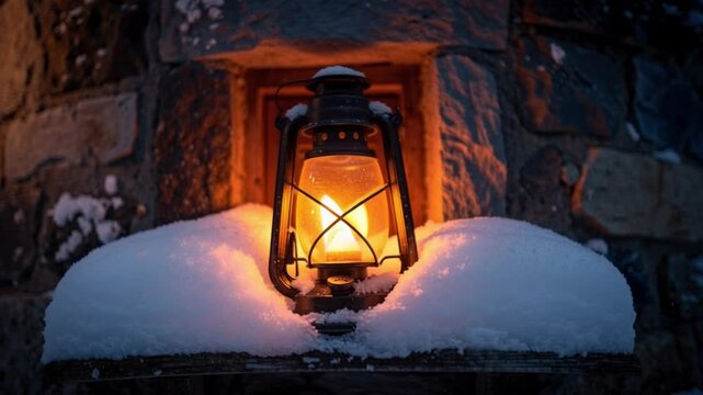 Cozy lantern glow at ushguli winter village stone house