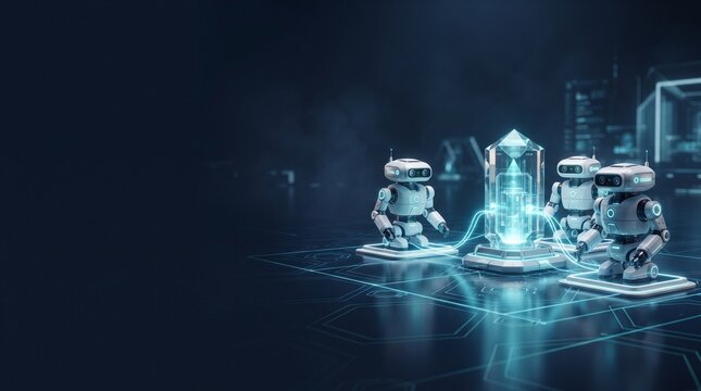 Small AI robots connected by glowing cables to central crystal data core on futuristic hexagon grid with copy space