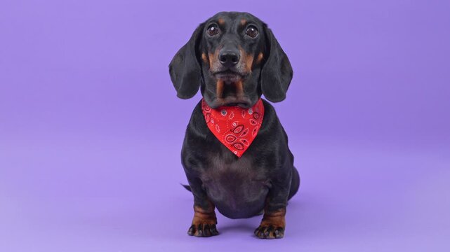 A black and tan dachshund dog wearing a red paisley bandana sits upright with front paws together against a violet backdrop, a bright pet fashion accessory for a pet shop promotion.