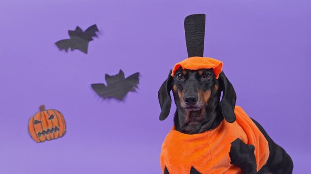 A black and tan dachshund dog wears an orange pumpkin outfit and a tall felt hat while sitting near paper bats and a jack o lantern cutout, ready for trick or treat shopping season.